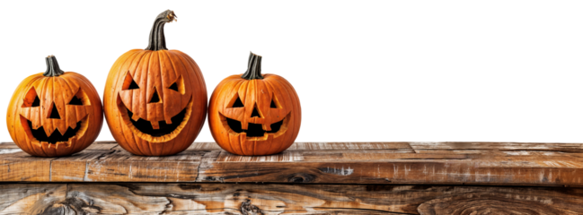Trio of Carved Jack-o'-Lantern Pumpkins on Wooden Table - Halloween Decoration, Spooky Faces, Isolated on Transparent Background