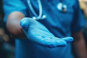 Medical professional with blue glove and stethoscope