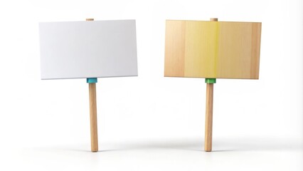 Colorful 3D illustration of two blank handheld protest signs with wooden handles standing upright on a white background alone.
