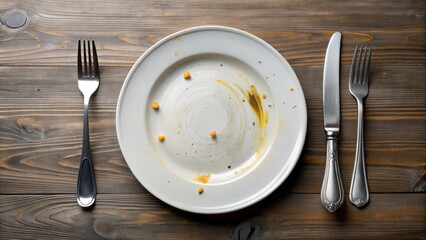 Vacant table setting with clean, polished silverware and empty plate, garnished with faint remnants of a former meal's elegance.
