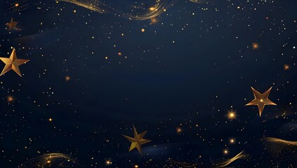 Fototapeta premium Dark blue background with golden stars and ribbons, a luxury elegant background for banner design, greeting card or invitation template. Vector illustration. Dark blue background with gold stars and r