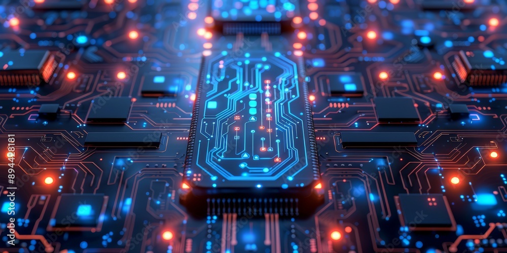 Poster high-tech microchip featuring illuminated circuitry and components, representing advanced electronic