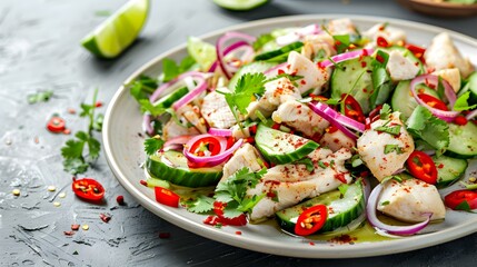 Salad with chicken chili peppers red onions cucumbers img