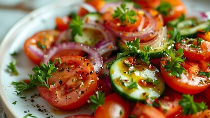 Salad with fresh tomatoes cucumbers red onions image