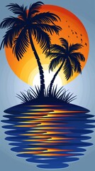 Obraz premium Isolated island with palm trees under orange sunset sky.