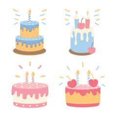 Cute Pastel Children Birthday Cake with Decoration Vector Illustration Set