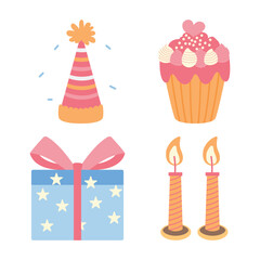 Cute Children Birthday Stuff with Cupcake Candle Gift Box Vector Illustration Set