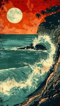 Dramatic waves crashing against cliff under full moon