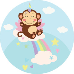 Round illustration with unicorn monkey on rainbow with clouds