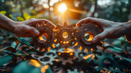 Four hands of businessmen collect gear from the gears. Generative AI