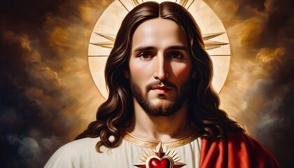 Artistic image of sacred heart of Jesus christ. Sacred portrait of Jesus with halo, digital art