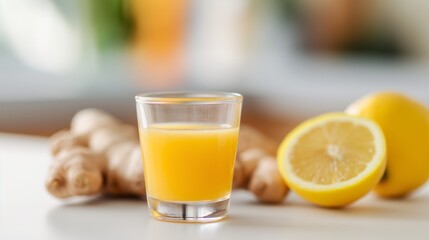 Fototapeta premium Freshly made ginger and lemon juice in a glass.