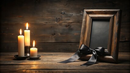 A weathered wooden table holds a somber funeral frame with flickering candles and a black ribbon, shrouded in darkness and reverence.