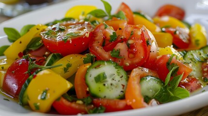 The salad includes fresh tomatoes cucumbers bell peppers image