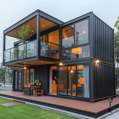 a modern modular home constructed from shipping containers, mobile, house, captivating, Shipping Container Tiny Home, steel containers, supreme quality, superior lighting
