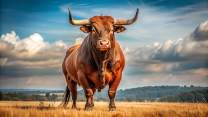 Powerful brown bull with muscular physique and aggressive gaze standing alone in a vast open rural landscape background.