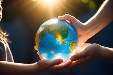 Children hands holding glowing world globe, sunny day, world earth day, save earth
