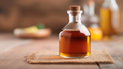 Glass bottle of oil on rustic wooden table with burlap placemat.