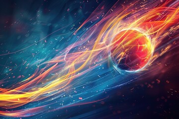 Obraz premium A striking digital illustration of a soccer ball enveloped in dynamic, fiery light trails, capturing intense energy and speed of sport.
