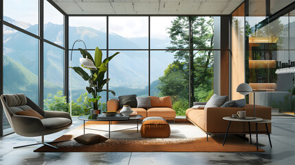 Fototapeta premium Stylish modern living room with contemporary furniture, decor, and large windows letting in natural light, highlighting interior design trends.