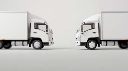 Two white delivery trucks facing each other on a white background.
