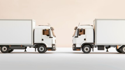 Two white delivery trucks facing each other on a white surface against a light pink background.