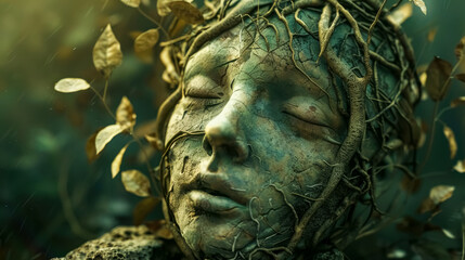 Obraz premium Stone face sculpture merging with nature in deep forest