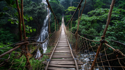 Obraz premium A hanging rope bridge stretches over the cascading waterfall at Panchpula, Dalhousie, Himachal Pradesh, India. This adventurous activity is designed for kids and teenagers. The photograph captures the
