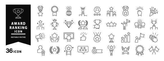 受賞 表彰 ランキングに使えるアイコンセット _( 編集可能 線 黒 フラット シンプル 競技 人物 手 ウェブ ) 