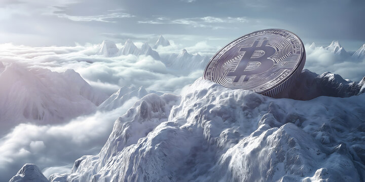 Crypto in the mountain top. Crypto coin concept.