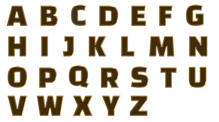 Brown 3D alphabet letters A-Z with gold outlines on a white background.