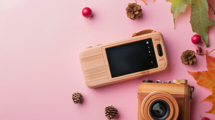 Mobile phone and wooden baby toy camera on a grey background, featuring natural eco materials and emphasizing early baby development.