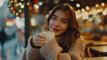 Smiling Woman Enjoying a Warm Drink at a Cozy Cafe