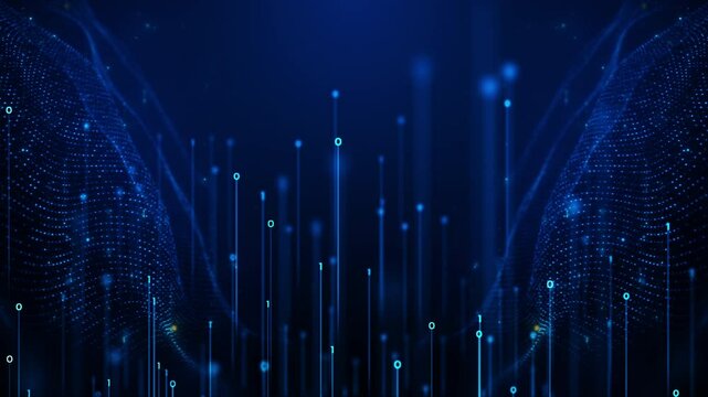 Futuristic network connections with lines and dots for science and business. Tech network background with digital particles and binary grid.