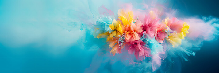 Obraz premium Colorful Flowers Floating in Blue and Pink Smoke, abstract background.