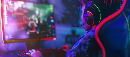 computer games, playing place, young gamer plays computer games with headphones,