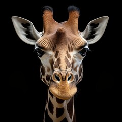 Fototapeta premium A close-up portrait of a giraffe with a black background. The image shows the giraffe s face in great detail, including its eyes, nose, and mouth. The giraffe s fur has a unique pattern of spots.
