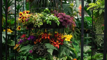 vibrant plant display in hanging cage