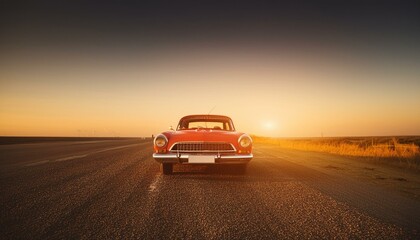red classic car facing the camera, minimalist, deadpan, banal, cool, clinical, urban, iconic, conceptual, subversive, sparse, restrained, symbol