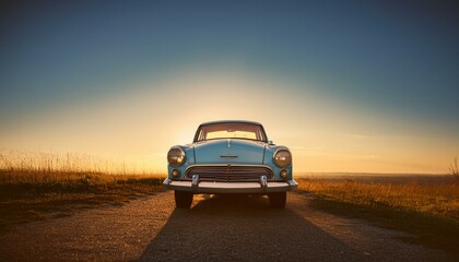 blue classic car facing the camera, minimalist, deadpan, banal, cool, clinical, urban, iconic, conceptual, subversive, sparse, restrained, symbol
