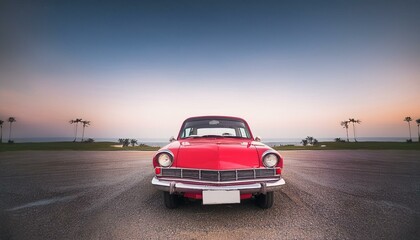 Fototapeta premium red classic car facing the camera, minimalist, deadpan, banal, cool, clinical, urban, iconic, conceptual, subversive, sparse, restrained, symbol