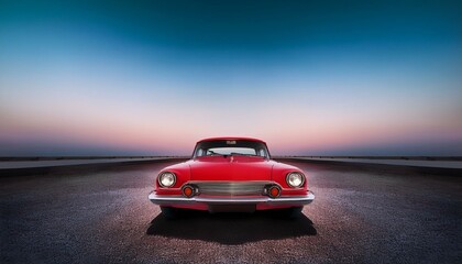 Fototapeta premium red classic car facing the camera, minimalist, deadpan, banal, cool, clinical, urban, iconic, conceptual, subversive, sparse, restrained, symbol