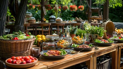 Fototapeta premium Summer outdoor buffet with barbecue fresh salads fruits