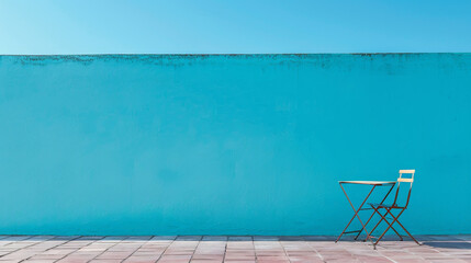Obraz premium Empty table against a sky blue wall.