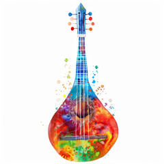 A colorful watercolor illustration of a balalaika, displaying a harmonious blend of striking and vibrant colors, isolated on white background.