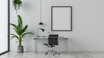 A minimalist office with an empty poster frame on a white wall, featuring a simple desk, modern office chair, and stylish indoor plants adding a touch of green.