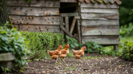 Fototapeta premium Chickens walking around the farm yard image