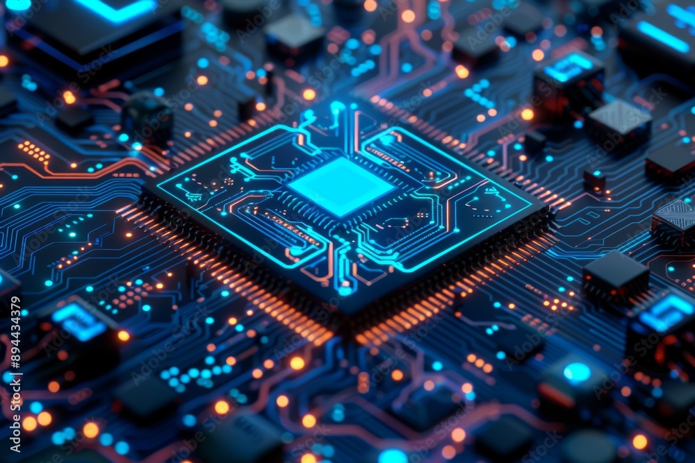 Poster an advanced microchip is placed on a circuit board with illuminated lights symbolizing hightech elec