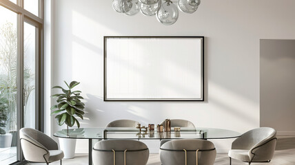 An empty poster frame in a contemporary dining room, above a glass dining table with elegant chairs and a modern chandelier hanging overhead.