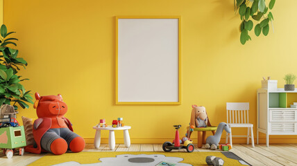An empty poster frame on a bright yellow wall in a playful kids' room, with colorful furniture, toys scattered around, and a whimsical rug.